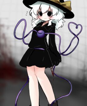 Rule 34 | 1girl, black dress, black eyes, black hat, blood, blood drip, blood on ground, blood stain, bloody knife, blush, bow, commentary request, dress, feet out of frame, frilled shirt collar, frilled sleeves, frills, green hair, hat, hat bow, heart, heart of string, heripantomorrow, holding, holding behind back, holding knife, holding knife behind back, knife, komeiji koishi, looking at viewer, medium hair, raised eyebrows, sleeves past fingers, sleeves past wrists, solo, third eye, tile wall, tiles, touhou, wide-eyed, yellow bow