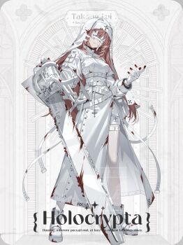 1girl alternate_costume belt belt_pouch blood blood_on_clothes blood_on_gloves blood_on_shoes boots chainsaw character_name commentary_request dress eye_mask full_body gloves highres holding holding_chainsaw hololive ishihara_(kuniyoshi) layered_sleeves long_hair long_sleeves mask multiple_belts pantyhose parted_lips pink_hair pouch short_over_long_sleeves short_shorts short_sleeves shorts shorts_under_dress side_slit solo takane_lui very_long_hair virtual_youtuber white_belt white_boots white_coif white_dress white_gloves white_pantyhose white_shorts