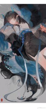 Rule 34 | 1girl, absurdres, ambience synesthesia, arknights, belt, black hair, chinese commentary, closed eyes, colored skin, commentary request, dragon girl, dragon horns, dusk (ambience synesthesia) (arknights), dusk (arknights), earrings, green horns, green skin, highres, horns, jewelry, long belt, pointy ears, solo, tassel, tassel earrings, uroko (pattern), yonghu pei yezi