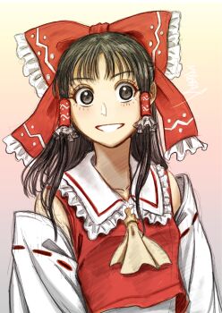 1girl absurdres ascot bow brown_eyes brown_hair commentary_request detached_sleeves frilled_bow frilled_hair_tubes frills hair_bow hair_tubes hakurei_reimu highres long_hair looking_at_viewer matanukisuna red_bow ribbon-trimmed_sleeves ribbon_trim smile solo touhou upper_body yellow_ascot