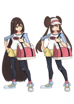 1girl alternate_hairstyle black_pantyhose blue_eyes brown_hair donut_hair_bun double_bun hair_bun hair_down highres long_hair nintendo open_mouth pantyhose pantyhose_under_shorts poke_ball_print pokemon pokemon_bw2 raglan_sleeves rosa_(pokemon) shorts smile solo tikuwabu_33 twintails visor_cap yellow_shorts