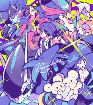 1girl :d absurdres beak bird blue_eyes blue_feathers blue_fire braid brown_hair ceruledge collared_shirt espathra feathers fire flamigo fuji_den_fujiko glimmora hat highres holding holding_poke_ball juliana_(pokemon) long_hair looking_at_viewer maushold miraidon necktie nintendo open_mouth pink_eyes poke_ball pokemon pokemon_(creature) pokemon_sv purple_eyes purple_hat purple_necktie quaquaval school_uniform shirt short_sleeves simple_background smile upper_body uva_academy_school_uniform yellow_background yellow_eyes