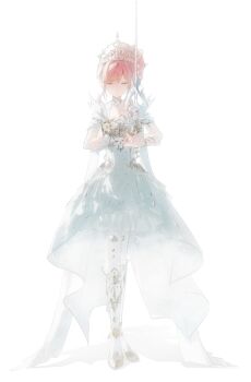1girl aliu6624 armor armored_boots boots breastplate chinese_commentary closed_eyes closed_mouth coattails collar commentary_request detached_collar dress expressionless feather-trimmed_sleeves frilled_arm_warmers full_body hair_bun highres holding holding_sword holding_weapon infinity_nikki knee_boots medium_dress melody_bloom_(infinity_nikki) nikki_(nikki) nikki_(series) pantyhose pink_hair rapier shadow short_hair_with_long_locks short_sleeves sidelocks simple_background single_hair_bun solo standing sword tiara updo wavy_hair weapon white_arm_warmers white_background white_boots white_collar white_dress white_pantyhose