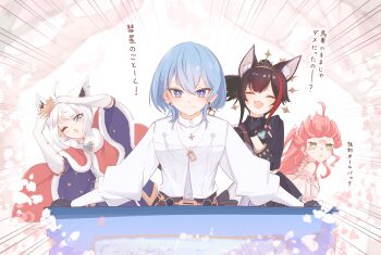 Rule 34 | 4girls, ahoge, animal ear fluff, animal ear piercing, animal ears, belt, black gloves, black hair, blue eyes, blue hair, cape, chamomile (kazumasa), choker, closed eyes, closed mouth, colored sidelocks, commentary request, crown, diamond-shaped earrings, dress, earrings, flower, flower earrings, fox ears, fox girl, frilled choker, frilled dress, frills, fur-trimmed cape, fur trim, gloves, gold belt, gold crown, gold tiara, green eyes, hair flower, hair ornament, highres, holding, hololive, hoshimachi suisei, hoshimachi suisei (spectra of nova), jewelry, long sleeves, mismatched earrings, multicolored hair, multiple girls, multiple necklaces, necklace, ookami mio, ookami mio (our sparkle), open mouth, pink dress, pink hair, ponytail, red hair, red streaks, sakura miko, sakura miko (flower fantasista!), shirakami fubuki, shirakami fubuki (fbkingdom), shirt, short hair, smile, star (symbol), star in eye, streaked hair, symbol in eye, tiara, tilted headwear, translation request, virtual youtuber, white gloves, white hair, white shirt, wolf cut, wolf ears, wolf girl