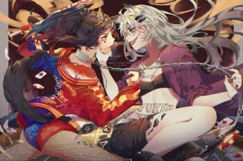 2girls ace_(playing_card) ace_of_hearts animal_ears arknights baseball_bat black_hair black_shirt black_shorts card chain commentary_request cosplay dc_comics facepaint fishnet_pantyhose fishnets grabbing_another&#039;s_chin grey_hair grin hair_ornament hairclip hand_on_another&#039;s_chin harley_quinn harley_quinn_(cosplay) heart highres holding holding_baseball_bat jacket joker_(dc)_(cosplay) kikan_(kikanoe) lappland_(arknights) long_hair looking_at_another multiple_girls pantyhose playing_card purple_shirt rhinestone sharp_teeth shirt shorts smile suicide_squad teeth texas_(arknights) the_joker