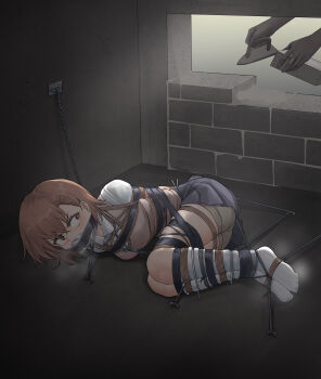 1girl absurdres arms_behind_back artist_request bdsm bondage bound bound_arms bound_legs breasts brown_eyes cloth_gag gag gagged highres improvised_gag medium_hair misaka_mikoto orange_hair pleated_skirt restrained shibari shibari_over_clothes shirt short_sleeves shorts shorts_under_skirt skindentation skirt small_breasts socks toaru_kagaku_no_railgun toaru_majutsu_no_index vest white_shirt white_socks
