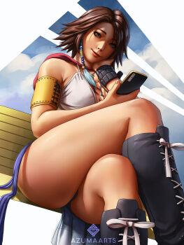 1girl artist_name azuma_yasuo bench boots breasts cellphone cleavage crossed_legs final_fantasy final_fantasy_x final_fantasy_x-2 heterochromia highres hood lace-up_boots medium_breasts phone short_hair short_shorts shorts showgirl_skirt smartphone smile solo thighs yuna_(ff10)
