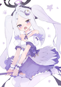 1girl absurdres ahoge black_halo blue_archive breasts commentary demon_girl demon_horns demon_wings halo highres hina_(blue_archive) horns long_hair low_wings magical_girl open_mouth purple_eyes small_breasts solo twintails ura_ra1800 very_long_hair white_hair wings
