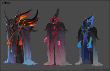 armor caesty color_coordination commentary_request dated_commentary english_text full_body grey_background grey_cloak korean_commentary korean_text monster monster_focus nexon no_humans official_art pauldrons production_art reference_sheet shoulder_armor simple_background standing tales_weaver translated