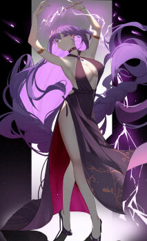 1girl absurdres alternate_costume armlet armpits arms_up bare_shoulders blunt_bangs braid breasts center_opening choker cleavage closed_mouth collarbone commentary_request dress earrings electricity full_body genshin_impact glowing gradient_hair hair_ornament happy high_heels highres holding holding_wand huge_breasts jewelry large_breasts light_blush light_particles light_smile long_braid looking_at_viewer looking_down looking_to_the_side mole mole_under_eye multicolored_hair necklace purple_background purple_dress purple_eyes purple_hair raiden_shogun ren_(2993) shade side_slit single_braid smug solo standing stomach thighs wand