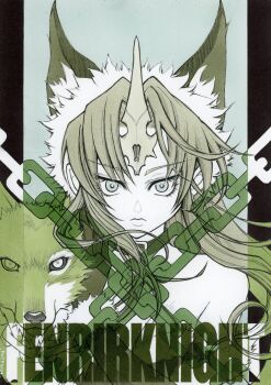 Rule 34 | 1girl, absurdres, animal ears, chain, commentary request, expressionless, fenrir knight, green theme, highres, hori wo, horns, limited palette, looking at viewer, marker (medium), pelt, riesz, seiken densetsu, seiken densetsu 3, single horn, straight-on, traditional media, wolf ears