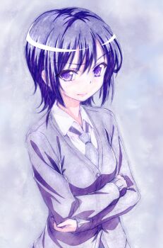 1girl arms_under_breasts black_hair boku_wa_tomodachi_ga_sukunai breasts cardigan closed_mouth collared_shirt commentary_request gradient_background grey_cardigan grey_necktie highres long_sleeves looking_at_viewer medium_hair mikazuki_yozora necktie official_artist_extra purple_background purple_eyes school_uniform shirt small_breasts solo st._chronica_academy_school_uniform upper_body watanabe_yoshihiro white_shirt
