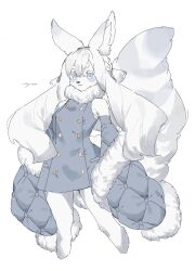 Rule 34 | 00syno, 1girl, animal ears, bare shoulders, blue eyes, blue jacket, body fur, braid, buttons, cropped legs, detached sleeves, double-breasted, drill hair, feet out of frame, fox ears, fox girl, fox tail, fur-trimmed jacket, fur trim, furry, furry female, highres, hikimayu, jacket, long hair, looking at viewer, original, side braid, signature, simple background, single braid, sleeves past fingers, sleeves past wrists, smile, solo, standing, tail, twin drills, white background, white fur, white hair