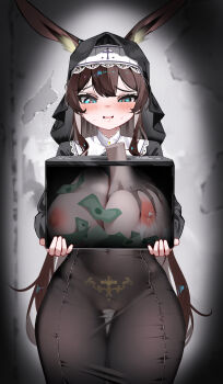 1girl 1other absurdres alternate_breast_size_(larger) amiya_(arknights) animal_ear_fluff animal_ears aqua_eyes arknights banknote black_shirt black_veil blush box breasts brown_hair brown_skirt chinese_commentary commentary_request cowboy_shot grabbing_another&#039;s_breast groping hair_between_eyes heart heart-shaped_pupils highres holding holding_box lactation large_breasts long_hair long_sleeves looking_at_another looking_down money nipples nun open_mouth pink_pupils rabbit_ears rabbit_girl see-through_clothes see-through_skirt shenmi_de_xigua shirt skirt solo standing symbol-shaped_pupils thigh_gap thighs veil wide_hips