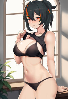1girl absurdres black_bra black_hair black_panties bra breasts clothes_lift collarbone cowboy_shot hair_between_eyes highres indoors large_breasts long_hair looking_at_viewer mikhdrag multicolored_hair orange_eyes orange_hair panties ponytail shirt_lift sidelocks solo streaked_hair thighs two-tone_hair underwear variant_set window window_shadow zenless_zone_zero zhu_yuan