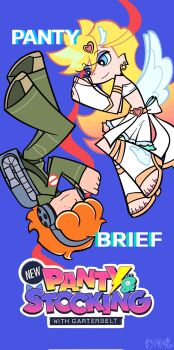 1boy 1girl blonde_hair blue_background blue_eyes breasts brief_(psg) chinese_commentary commentary_request couple earrings english_text freckles ghostbusters_uniform gladiator_sandals green_hoodie hair_over_eyes happy headphones hetero highres hood hoodie hoop_earrings jewelry logo long_hair midriff miniskirt multicolored_hair official_style orange_hair panty_&amp;_stocking_with_garterbelt panty_&amp;_stocking_with_garterbelt_(style) panty_(psg) proton_pack sandals simple_background skirt smile string string_of_fate two-tone_hair watermark yngjinhn290201