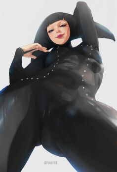 Rule 34 | 1girl, absurdres, black bodysuit, black hair, bodysuit, boruto: two blue vortex, breasts, colored sclera, drawink, highres, looking at viewer, matsuri (boruto), naruto (series), pink lips, ringed eyes, rinnegan, small breasts, smile