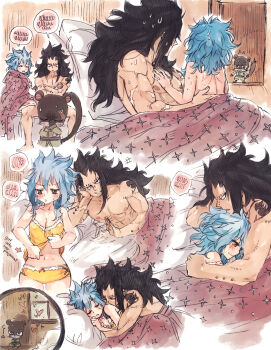 1girl 2boys arm_tattoo back_tattoo black_hair blue_hair blush closed_eyes commentary couple english_commentary fairy_tail fairy_tail_logo gajeel_redfox heart highres hug hug_from_behind levy_mcgarden multiple_boys pajamas pantherlily rusky scar scar_on_arm scar_on_chest sidelocks surprised sweatdrop tattoo