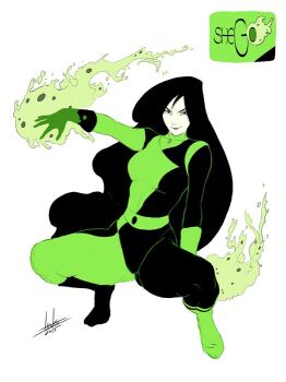1girl 2015 black_bodysuit black_boots black_hair bodysuit boots breasts character_name flaming_hand full_body green_bodysuit green_boots ittoku_art kim_possible_(series) long_hair medium_breasts multicolored_bodysuit pale_skin shego signature smile solo squatting two-tone_bodysuit white_background