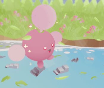 3d :3 alternate_color animal_focus animated animated_gif blender_(medium) bright_pupils commentary english_commentary falling_leaves flower gen_2_pokemon grass jumpluff kcamberart leaf low_poly nintendo no_humans open_mouth outdoors pink_flower pokemon pokemon_(creature) red_eyes river shiny_pokemon solo sparkle white_pupils