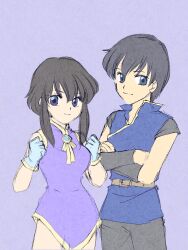 Rule 34 | 1boy, 1girl, asagao l, belt, black hair, brother and sister, crossed arms, detached sleeves, dress, fire emblem, fire emblem: genealogy of the holy war, gloves, larcei (fire emblem), looking at viewer, nintendo, purple tunic, scathach (fire emblem), siblings, sidelocks, simple background, smile, tunic, twins