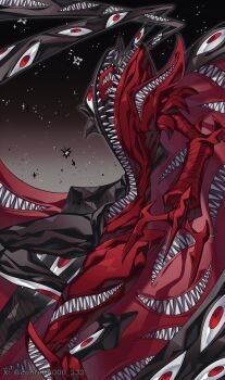 abbadomon abbadomon_core black_skin colored_skin confeito000_333 digimon digimon_(creature) eldritch_abomination extra_eyes extra_mouth gradient_background grey_background highres multicolored_skin red_eyes red_skin sharp_teeth simple_background teeth two-tone_skin