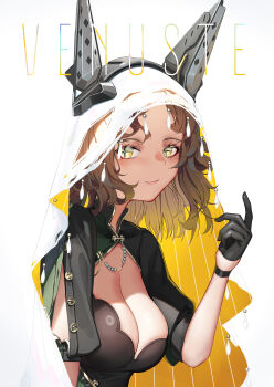 Rule 34 | 1girl, absurdres, black gloves, breasts, brown hair, cleavage, cleavage cutout, clothing cutout, cross-shaped pupils, dress, gloves, green dress, half gloves, highres, large breasts, looking at viewer, mecha musume, mechanical ears, medium hair, natori youkai, original, puffy short sleeves, puffy sleeves, short sleeves, simple background, sleeve slit, smile, solo, symbol-shaped pupils, two-tone veil, upper body, veil, white background, white veil, wristband, yellow eyes, yellow veil
