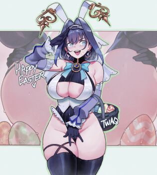 Rule 34 | 1girl, adapted costume, animal ears, areola slip, basket, blue eyes, blue hair, blush, bow, breasts, covered erect nipples, easter, easter egg, egg, fake animal ears, fingering, hair intakes, happy easter, highres, holding, holding basket, hololive, hololive english, large breasts, nyantcha, open mouth, ouro kronii, ouro kronii (1st costume), rabbit ears, round teeth, short hair, stray pubic hair, teeth, upper teeth only, virtual youtuber