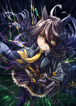 1girl absurdres ahoge animal_ears black_coat black_gloves black_hair black_pantyhose black_skirt clenched_teeth coat collared_shirt ear_tag earrings gentiano815 gloves hair_between_eyes highres horse_ears horse_girl jewelry long_bangs long_hair long_hair_between_eyes long_sleeves looking_at_viewer manhattan_cafe_(creeping_black)_(umamusume) manhattan_cafe_(umamusume) multicolored_hair necktie open_mouth pantyhose shirt single_earring skirt solo sweat teeth umamusume very_long_hair white_hair yellow_eyes yellow_necktie
