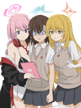 3girls absurdres blonde_hair blue_archive blue_halo breast_envy breasts bright_pupils brown_eyes brown_hair brown_sweater_vest brown_vest collared_shirt commentary_request crossover eimi_(blue_archive) emblem girl_sandwich gloves halo highres holding holding_tablet_pc large_breasts long_hair medium_hair miniskirt misaka_mikoto multiple_girls orange_halo pink_hair pink_halo purple_eyes sandwiched school_emblem school_uniform shirt shokuhou_misaki short_sleeves simple_background skirt star-shaped_pupils star_(symbol) star_halo summer_uniform sweater_vest symbol-shaped_pupils tablet_pc teruya_(6w6y) thighhighs toaru_kagaku_no_railgun toaru_majutsu_no_index tokiwadai_school_uniform very_long_hair vest white_background white_gloves white_shirt white_thighhighs yellow_pupils