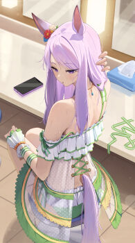 1girl animal_ears back bare_shoulders blush casual_one-piece_swimsuit chair commentary_request double_strap_slip dress dress_swimsuit ear_flower frilled_dress frills highres horse_ears horse_girl horse_tail long_hair mejiro_mcqueen_(ripple_fairlady)_(umamusume) mejiro_mcqueen_(umamusume) ningen_gokko official_alternate_costume on_chair one-piece_swimsuit open_mouth phone purple_eyes purple_hair purple_tail sitting solo swept_bangs swimsuit tail thighs umamusume wet wrist_wrap