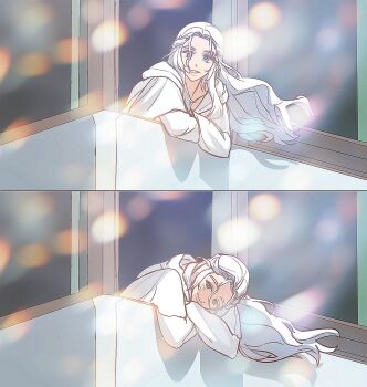 1girl blue_eyes braid capelet commentary_request crossed_arms empetiit final_fantasy final_fantasy_xiv floating_hair half-closed_eyes half_updo head_rest highres hood hood_down hooded_capelet korean_commentary leaning light_particles long_hair long_sleeves looking_down multiple_views robe sequential single_braid smile through_window venat_(ff14) wavy_hair white_capelet white_hair white_robe wind window