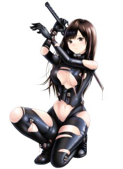 1girl arms_up black_bodysuit blood bloody_weapon bodysuit broken broken_sword broken_weapon brown_eyes brown_hair dripping frown gantz gantz_suit holding holding_sword holding_weapon katana knee_up liquid long_hair navel on_one_knee over_shoulder parted_bangs shimohira_reika shiny_clothes shoes simple_background solo sword sword_over_shoulder takapin torn_bodysuit torn_clothes weapon weapon_over_shoulder white_background