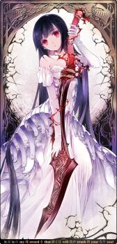 1girl bare_shoulders black_hair breasts commentary_request dress elbow_gloves english_text expressionless gloves highres holding holding_sword holding_weapon long_hair looking_at_viewer original parted_lips red_eyes small_breasts solo sumi_keiichi sword very_long_hair weapon white_dress wizardry