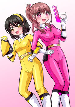 2girls :d absurdres arm_cannon arm_guards back-to-back belt black_hair blush bodysuit boots breasts brown_hair commentary cut_bangs dutch_angle energy_gun feet_out_of_frame gloves gold_belt gradient_background gun hair_between_eyes hair_ornament hairband hand_up high_collar high_ponytail highres holding holding_gun holding_weapon holster large_breasts legs_together locked_arms long_hair looking_at_viewer medium_breasts multiple_girls open_mouth original pink_background pink_bodysuit pink_eyes ponytail short_hair skin_tight smile super_sentai swept_bangs tokusatsu two-tone_background user_wsus3248 utility_belt weapon white_background white_boots white_gloves yellow_bodysuit yellow_eyes yellow_hairband yuri