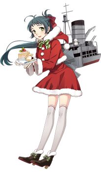 Rule 34 | 1girl, ahoge, blue hair, blush, bow, cake, christmas, dress, food, fruit, fujikawa, full body, fur trim, green eyes, hair bow, high heels, highres, holding, hood, irako (christmas) (kancolle), irako (kancolle), kantai collection, kneehighs, long hair, long sleeves, official art, open mouth, plate, ponytail, red bow, red dress, rigging, santa costume, smile, snowman, socks, solo, strawberry, striped bow, third-party source, transparent background, white socks