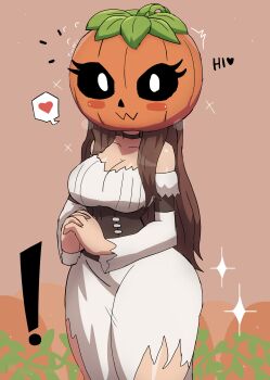 Rule 34 | !, 1girl, absurdres, black sclera, blush, breasts, brown corset, brown hair, choker, cleavage, collarbone, colored sclera, corset, detached collar, dress, fangs, halloween, heart, highres, large breasts, long hair, long sleeves, looking at viewer, orange background, original, own hands clasped, pumpkin, pumpkin head, smile, sparkle, speech bubble, spoken heart, standing, thick thighs, thighs, tony welt, torn clothes, torn dress, torn sleeves, white dress, white eyes, wide hips