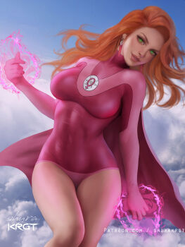 1girl above_clouds atom_eve breasts cape cloud commentary english_commentary feet_out_of_frame flying green_eyes grin invincible_(series) leotard long_hair looking_at_viewer medium_breasts orange_hair patreon_username pink_cape pink_leotard shurakrgt skin_tight sky smile solo superhero_costume thighs venus_symbol