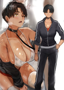 1girl absurdres black_choker black_hair blush bra breasts choker cleavage collar commentary_request earrings from_above hand_on_own_hip highres jacket jewelry jikihatiman kneeling large_breasts multiple_views off_shoulder one_eye_closed open_mouth original pants partially_unzipped pixie_cut red_shirt shirt short_hair smile standing stud_earrings thighhighs track_jacket track_pants underwear white_bra white_thighhighs yellow_eyes