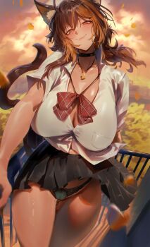 1girl absurdres ahoge black_choker black_panties black_skirt blurry blurry_background blush breasts brown_eyes brown_hair cat_girl cat_tail choker closed_mouth cloud collared_shirt commentary dress_shirt english_commentary falling_leaves highres indie_virtual_youtuber jewelry large_breasts leaf long_hair miniskirt necklace nekoyo_chloe opening_door outdoors panties partially_unbuttoned plaid_ribbon pleated_skirt railing ribbon rororo school_uniform shirt short_sleeves skirt sky smile tail underwear upskirt white_shirt