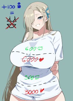 1girl absurdres arms_behind_back asuna_(blue_archive) blonde_hair blue_archive blue_eyes breasts collarbone grin hair_over_one_eye hair_ribbon highres holding_own_wrist kuraido_(kuraid_draw) large_breasts long_hair multiple_drawing_challenge ribbon shirt shirt_cut_meme smile solo thighs twitter_strip_game very_long_hair white_shirt