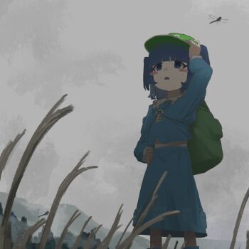 Rule 34 | 1girl, absurdres, arm up, bag, blue eyes, blue hair, blue shirt, blue skirt, blunt bangs, blush, bug, collared shirt, dauchimk 1, dragonfly, feet out of frame, frown, full body, grass, green bag, green hair, grey background, grey sky, hand on own hat, highres, insect, kawashiro nitori, key, long skirt, long sleeves, medium hair, muted color, open mouth, outdoors, shirt, skirt, sky, solo, standing, tareme, touhou, undershirt, white shirt