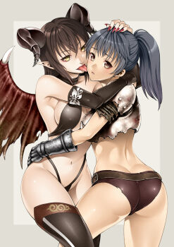 2girls armor artist_self-insert ass belt black_gloves black_legwear blue_hair blush breastplate breasts brown_eyes brown_panties buckle covered_erect_nipples dark_souls_(series) dark_souls_i demon_girl elbow_gloves gauntlets gloves hand_on_another's_head highres horns hug large_breasts leg_between_thighs licking licking_another's_cheek licking_another's_face long_hair medium_breasts multiple_girls navel old-one open_mouth panties pointy_ears ponytail simple_background smile the_elder_scrolls the_elder_scrolls_v:_skyrim thighhighs tongue tongue_out underwear wings yellow_eyes yuri