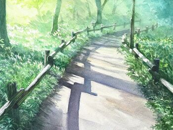 bush day fence forest grass highres kazuyuki_hashimoto nature no_humans original outdoors painting_(medium) path plant post_and_rail_fence road scenery shadow sunlight tall_grass traditional_media tree weeds wooden_fence