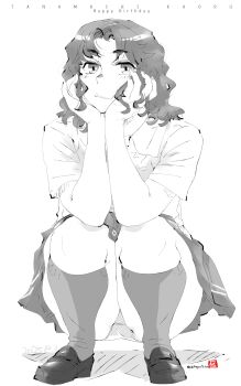 1girl 2025 20s amagami august breasts character_name closed_mouth collared_shirt commentary_request crotch_seam curly_hair dated full_body happy_birthday head_rest highres kibito_high_school_uniform kneehighs loafers looking_at_viewer medium_hair messy_hair mike156 monochrome panties pantyshot pleated_skirt school_uniform shirt shoes short_sleeves signature simple_background skirt small_breasts socks solo squatting summer_uniform tanamachi_kaoru underwear wavy_hair