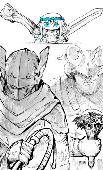 Rule 34 | 1girl, 2boys, absurdres, armor, big head, blue eyes, bouquet, chibi, dress, dual wielding, elden ring, elden ring nightreign, flower, flower wreath, hair between eyes, helmet, highres, holding, holding bouquet, holding sword, holding weapon, long hair, looking at another, looking at viewer, multiple boys, niwarhythm, partially colored, raider (elden ring), revenant (elden ring), sword, weapon, whip, white background, white dress, wylder (elden ring)