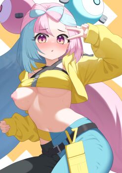 1girl :o bandeau belt black_belt blush bow-shaped_hair breasts canari_(pokemon) canari_(pokemon)_(cosplay) character_hair_ornament commentary_request cosplay cropped_jacket hair_ornament hand_up hood hood_down hooded_jacket iono_(pokemon) jacket long_hair long_sleeves looking_at_viewer multicolored_hair murasaki3 nintendo nipples one_breast_out open_clothes open_jacket open_mouth pants pokemon pokemon_sv sleeves_past_wrists solo two-tone_hair v yellow_bandeau yellow_jacket zipper zipper_pull_tab