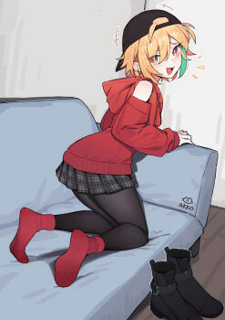 1girl absurdres ass backwards_hat baseball_cap black_boots black_hat black_pantyhose black_skirt blonde_hair blush boots breasts commentary_request couch ear_piercing eyebrows_hidden_by_hair from_behind full_body hair_between_eyes hair_over_one_eye hat highres hood hoodie kneeling lan_mao_akko looking_at_viewer looking_back notice_lines on_couch open_mouth orange_eyes original pantyhose piercing red_hoodie red_socks reverse_trap short_hair skirt small_breasts smile socks soles solo toes tomboy unworn_boots