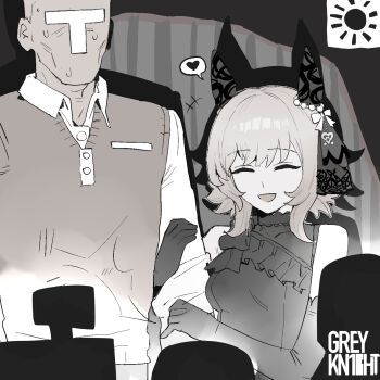 +++ 1boy 1girl breasts curren_chan_(sakutsuki_ma_cherie)_(umamusume) curren_chan_(umamusume) dress ear_covers greyscale heart highres holding_another's_arm medium_hair monochrome mozzleq77804 shirt small_breasts spoken_heart t-head_trainer_(umamusume) trainer_(umamusume) umamusume vest