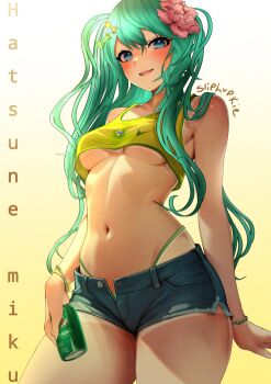 1girl aqua_eyes aqua_hair blue_shorts blush bone bra brazilian_flag brazilian_flag_print brazilian_miku breasts character_name cowboy_shot flag_print flower gradient_background guarana_antarctica hair_flower hair_ornament hatsune_miku highres long_hair looking_at_viewer medium_breasts navel open_fly parted_lips pink_flower print_bra shadow shorts signature sliplupkie smile solo underboob underwear very_long_hair vocaloid yellow_background yellow_bra